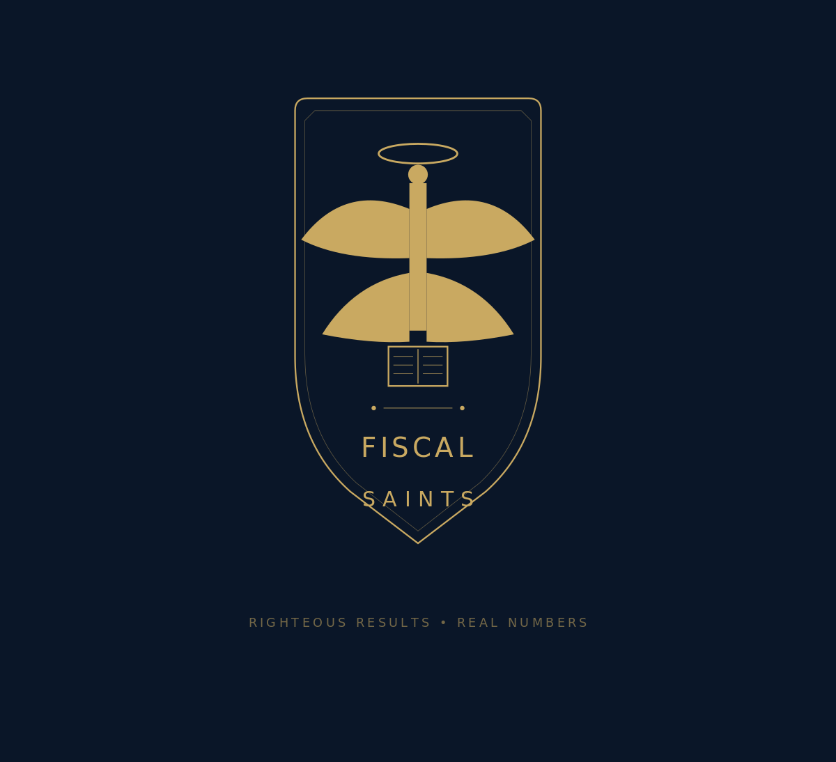 Fiscal Saints crest &mdash; winged Matthew with halo, ledger, and heraldic shield